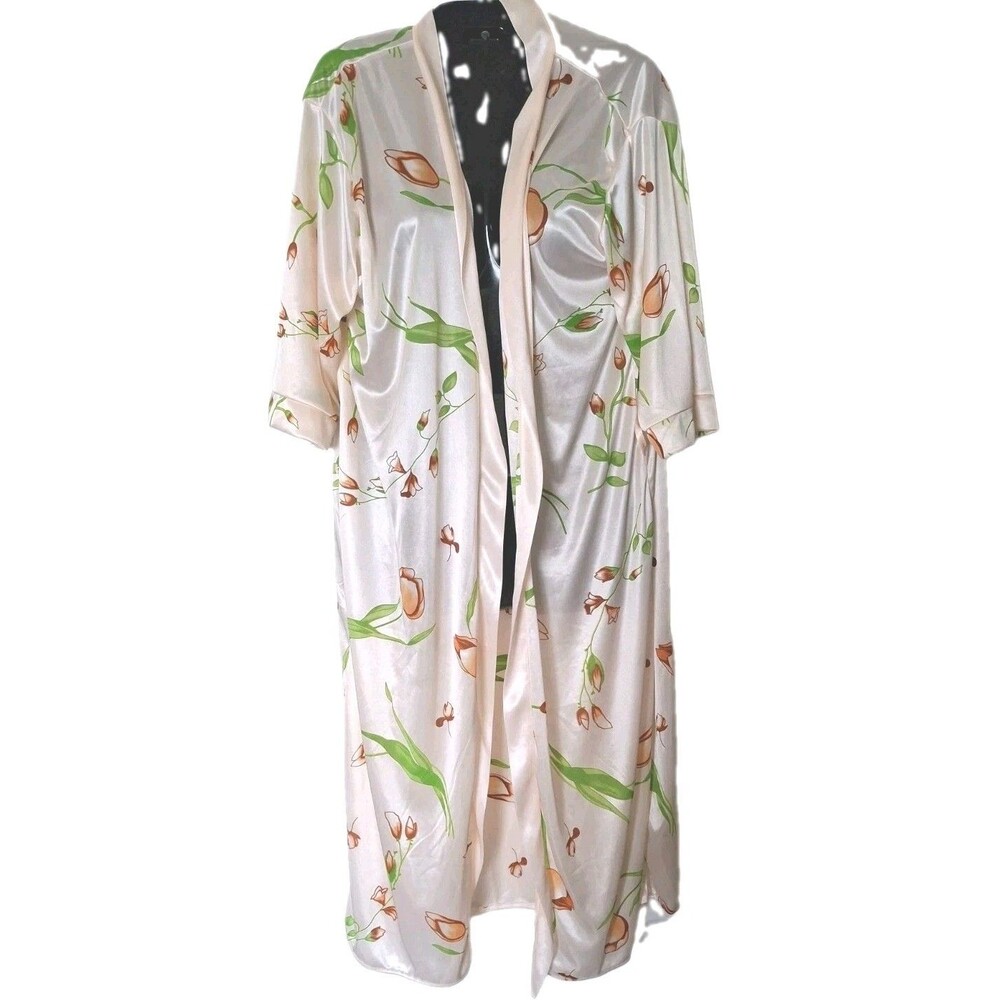 Vintage Sindrella Long Satin Robe Medium Peach Tulip Blossom Print 70s Retro